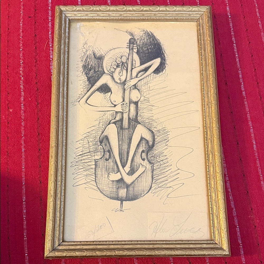 Vintage Helen Lucas framed Limited Edition Print Ink Drawing Nude Cello Fusion